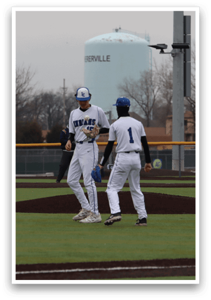 Baseball players on a field, one of them wearing a blue helmet. AI generated content