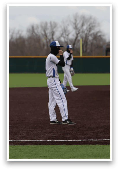 Three baseball players on a field, two of them wearing white uniforms and one wearing a blue uniform. AI generated content