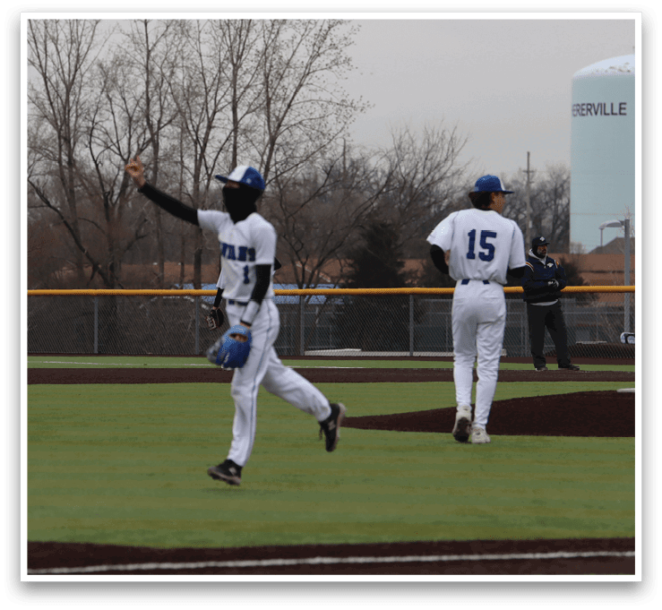 Two baseball players are running on the field, one is wearing a blue helmet. AI generated content