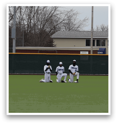 Three baseball players walking on a field. AI generated content