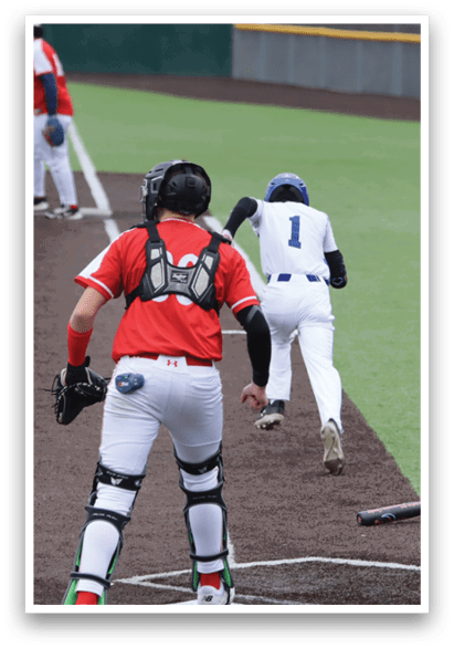 A baseball game is taking place on a field with several players. A batter is swinging a bat, and a catcher is wearing a baseball glove. A player is running towards a base, and a referee is watching the play. AI generated content
