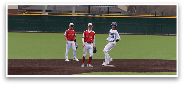 Three baseball players are standing on a field, with one of them holding a bat. A man in a blue jacket is also present on the field, possibly a coach or an umpire. The scene takes place in a park, with a bench visible in the background. AI generated content