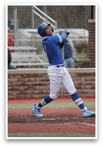 A baseball player in a blue uniform is swinging a bat at a ball. AI generated content
