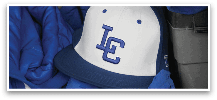 A blue and white baseball cap with the letters “LC" on it is sitting on top of a blue jacket. AI generated content