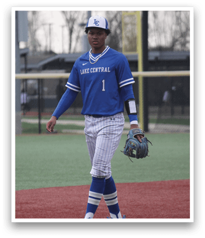 A baseball player wearing a blue and white uniform is standing on the field with a baseball glove in his hand. AI generated content