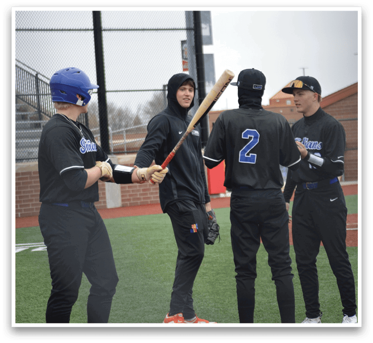 A group of baseball players standing on a field, one of them holding a bat. AI generated content