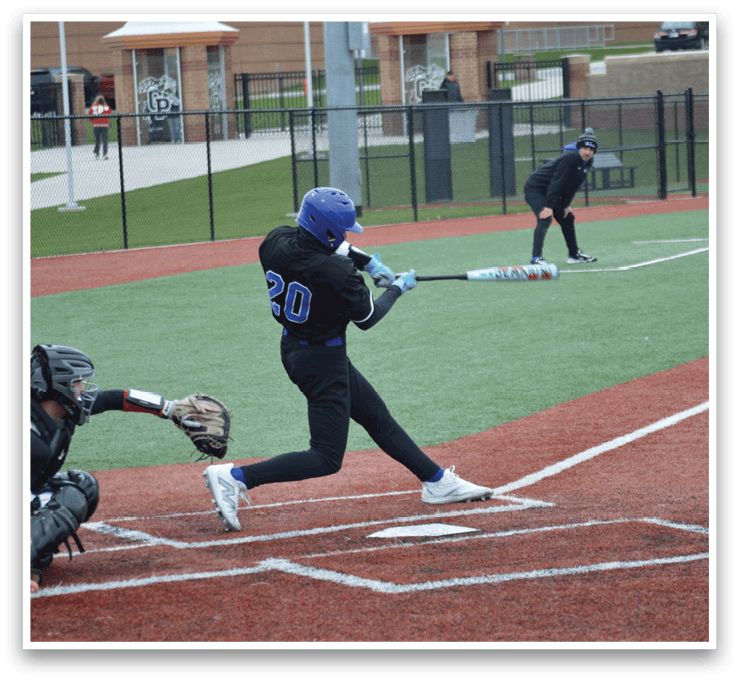 A baseball player in a black and blue uniform is swinging a bat at a ball. AI generated content