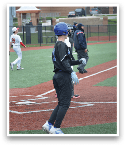 A baseball player in a black shirt and blue helmet is standing on the field. AI generated content