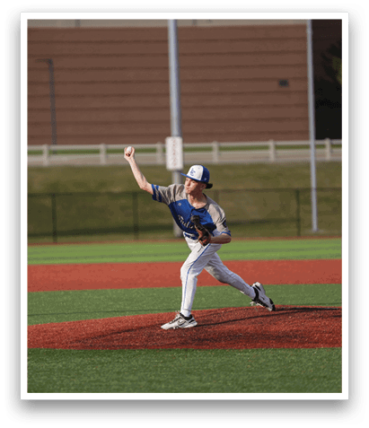 A baseball player in a blue and white uniform is pitching a ball on a field. AI generated content