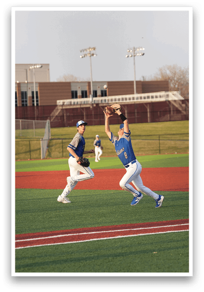 Two baseball players are running on the field, one of them catching a ball. AI generated content