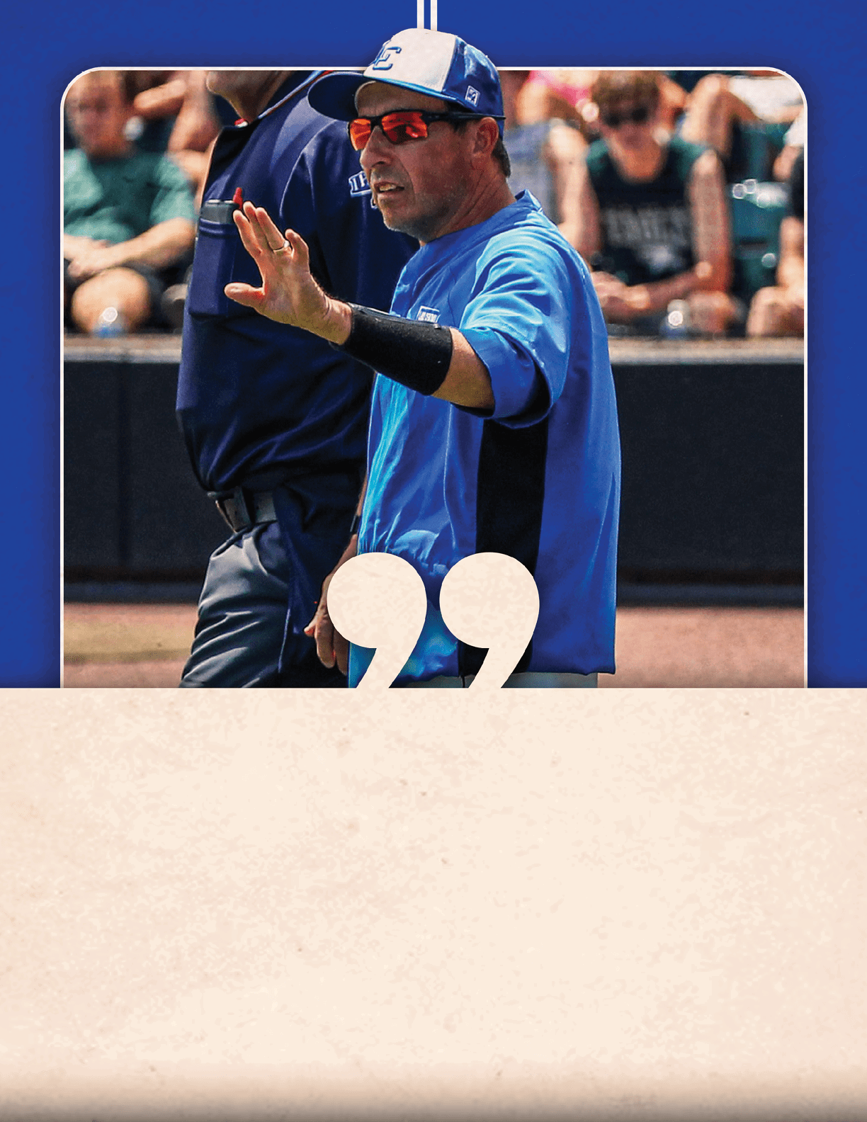 A baseball player wearing a black and blue uniform. Description generated by AI