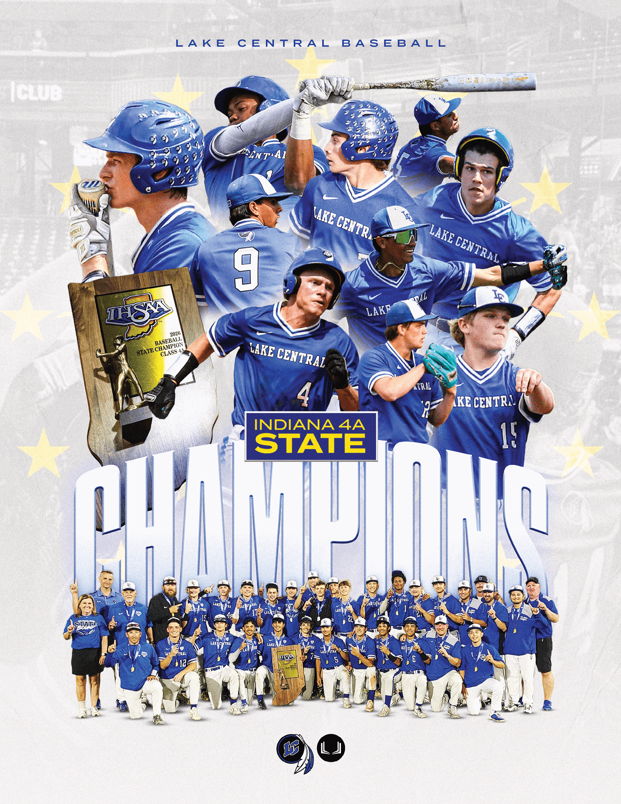 A collage of people in blue baseball uniforms celebrating a championship with a large trophy and text reading Indiana 4A State Champions. Description generated by AI