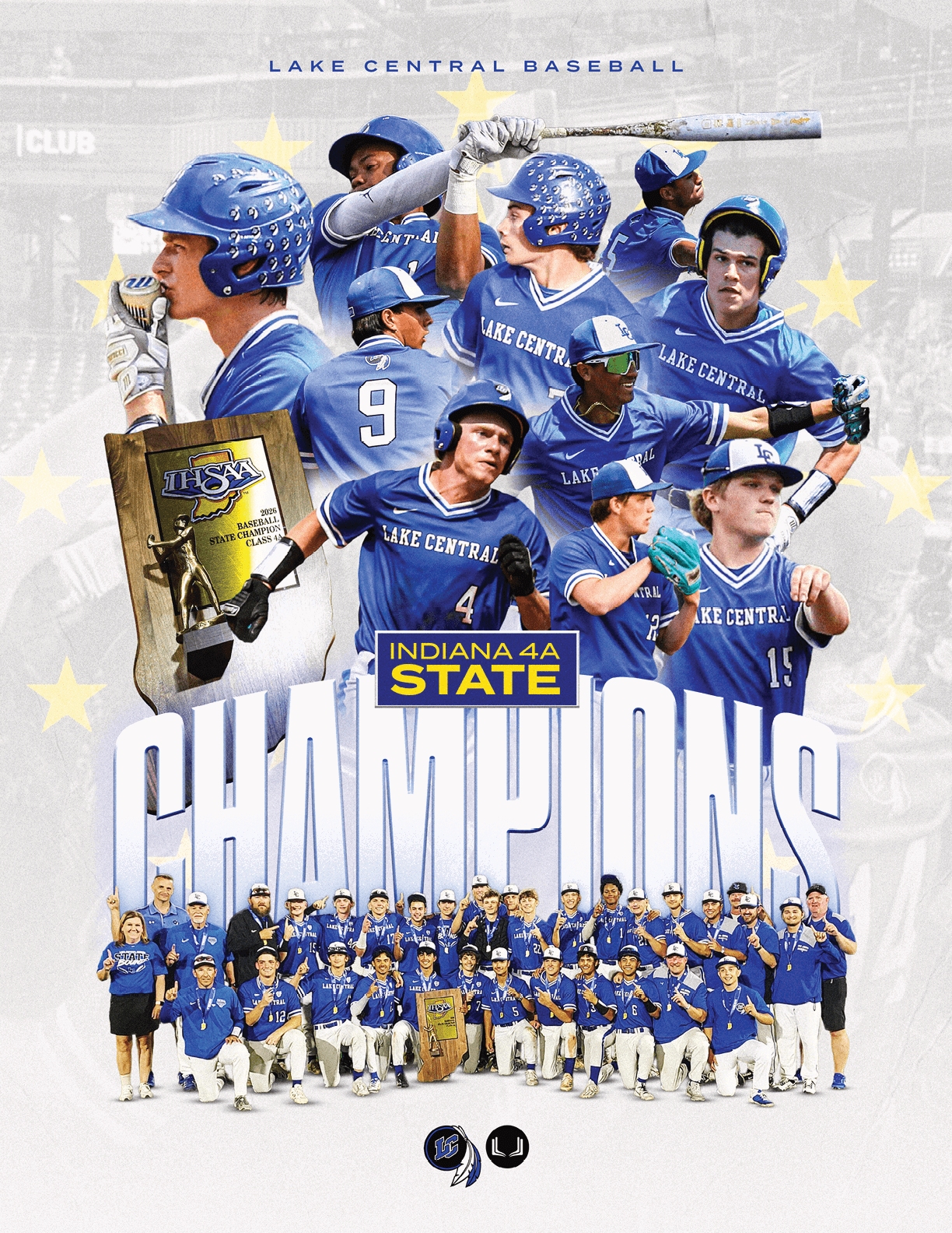 A collage of people in blue baseball uniforms celebrating a championship with a large trophy and text reading Indiana 4A State Champions. Description generated by AI