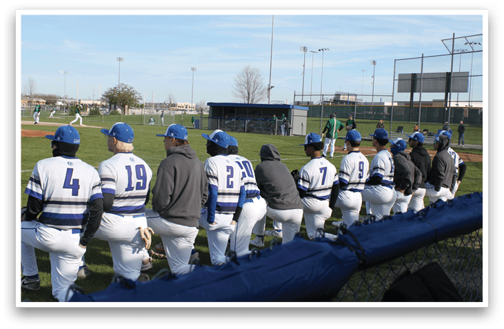 Baseball players in uniforms are sitting on a bench on the field. AI generated content