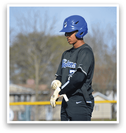 A baseball player wearing a blue helmet and a black shirt with the number 14 on it. AI generated content