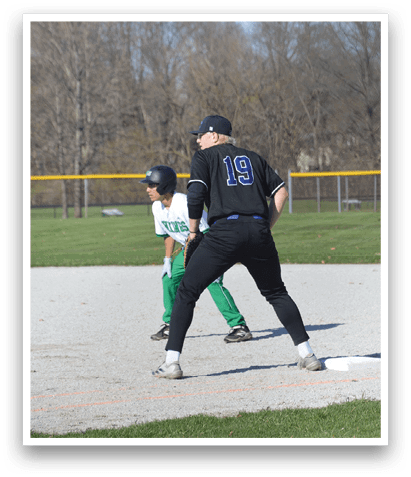 Two baseball players on a field, one wearing a blue shirt with the number 19. AI generated content