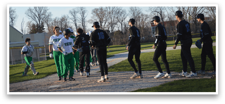 A group of baseball players wearing black and green uniforms are walking on a dirt road. AI generated content
