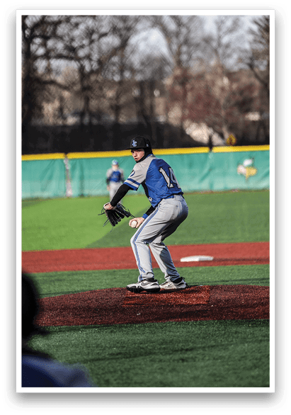 A baseball player in a blue shirt and grey pants is pitching a ball on a field. AI generated content