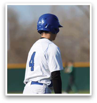 A baseball player wearing a blue helmet and white uniform stands on a field. AI generated content