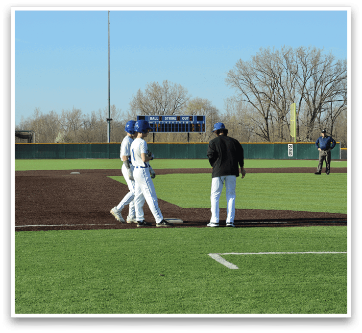 Three baseball players on a field, one of them wearing a blue hat. AI generated content
