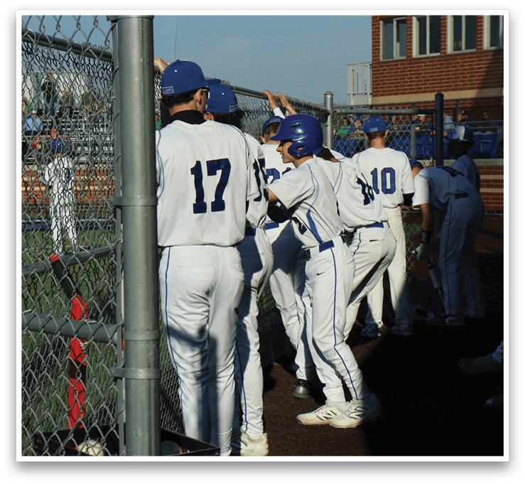 Baseball players wearing white uniforms and blue caps, standing on a field. AI generated content