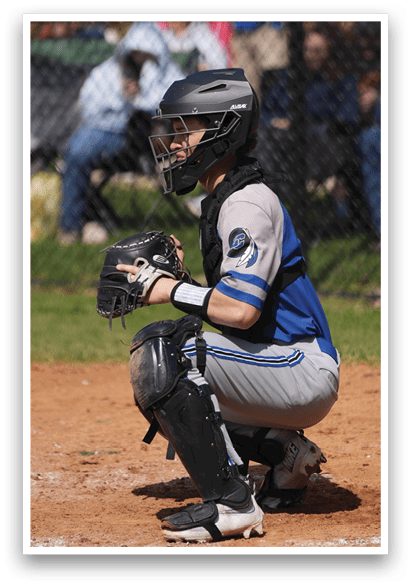 A baseball player in a catcher's position wearing a helmet and protective gear. AI generated content