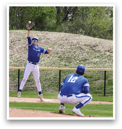 A baseball player is in the air, attempting to catch a ball. Another player is crouching on the ground, ready to catch the ball if the first player fails. AI generated content