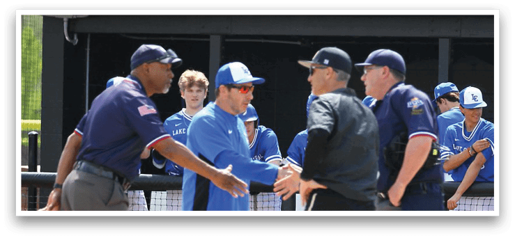 Baseball players and officials are on the field, with one man shaking hands with another. The scene includes a group of people, some standing and others sitting on a bench. The players are wearing baseball gloves, and there is a baseball bat visible in the scene. AI generated content