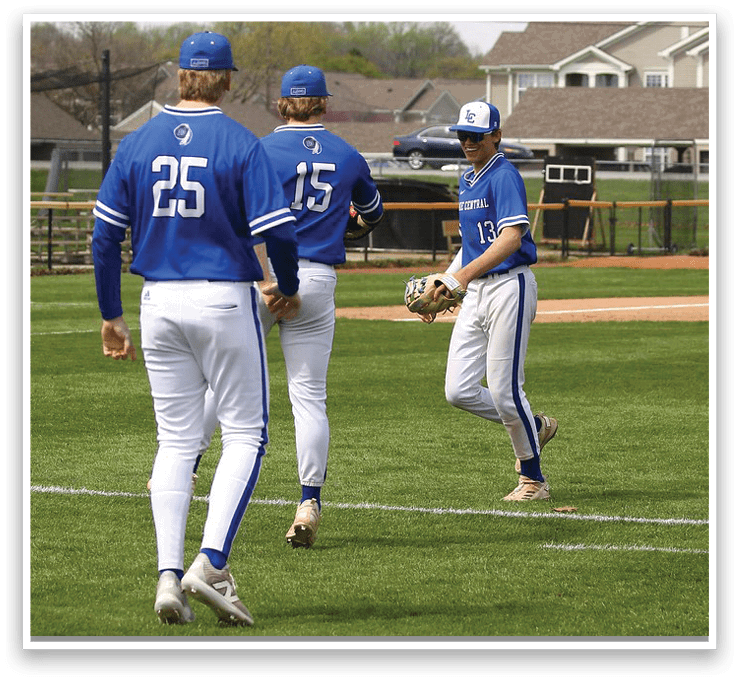 Three baseball players wearing blue and white uniforms are standing on a field. One of them is holding a baseball glove. AI generated content