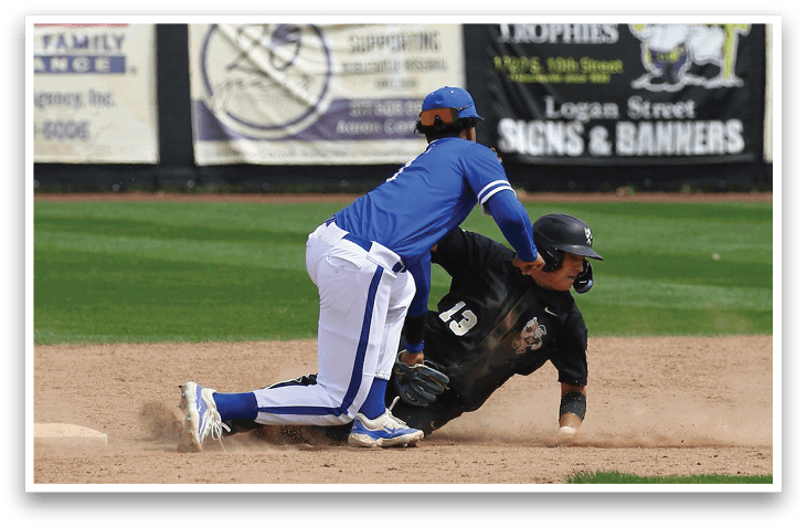 Two baseball players are playing on a field. One player is sliding into a base while the other player is trying to catch the ball. AI generated content