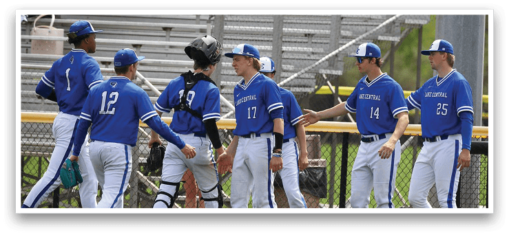Baseball players wearing blue uniforms and blue caps standing on a field. AI generated content