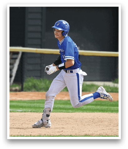 A baseball player wearing a blue and white uniform is running on the field. AI generated content