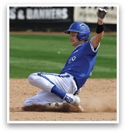 A baseball player slides into a base, wearing a blue helmet and white pants. AI generated content