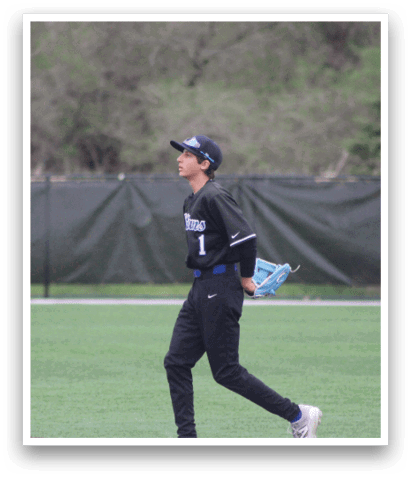 A baseball player wearing a black shirt and blue hat is walking on the field. AI generated content