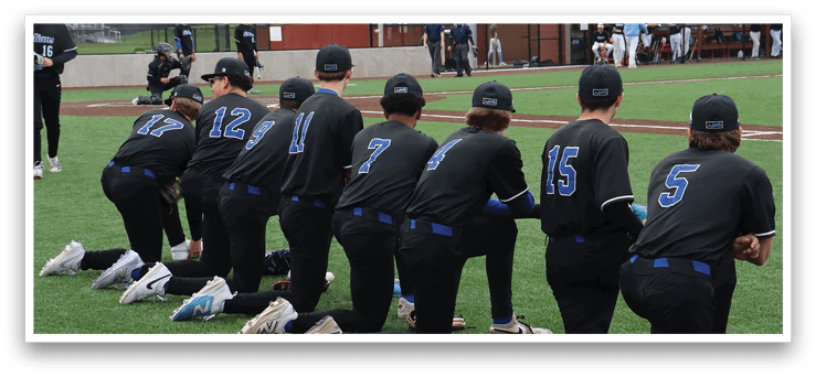 Baseball players in uniforms kneeling on the field. AI generated content