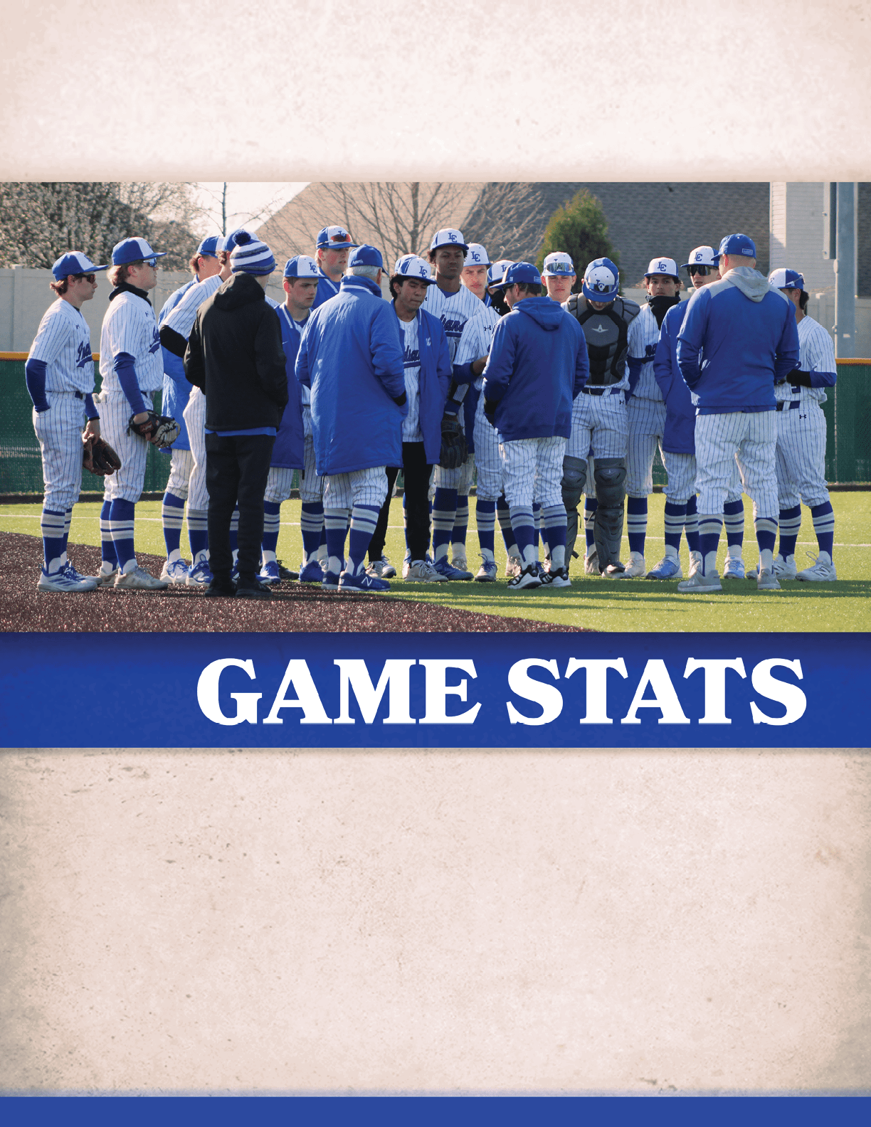 Baseball players in blue and white uniforms are gathered on a field. AI generated content