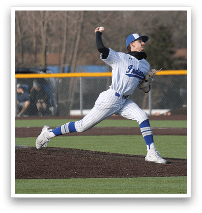 A baseball player in a white and blue uniform is throwing a ball. AI generated content