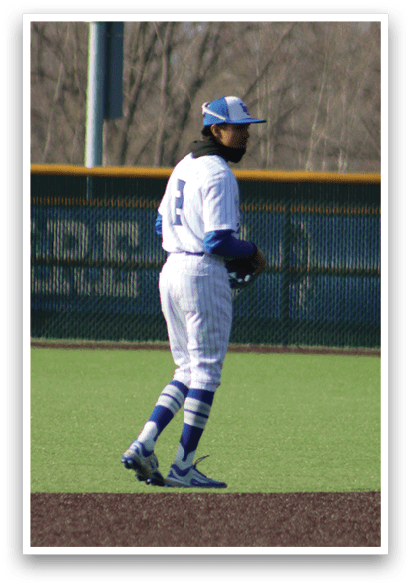 A baseball player wearing a blue and white uniform is running on the field. AI generated content