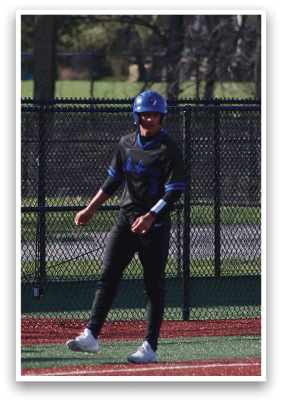 A baseball player wearing a blue helmet and black shirt walks on the field. AI generated content