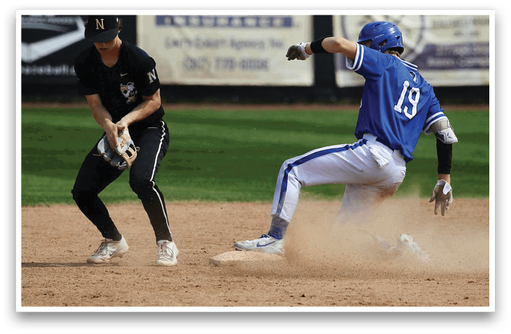 Two baseball players on a field, one running towards the base while the other is trying to catch the ball. AI generated content