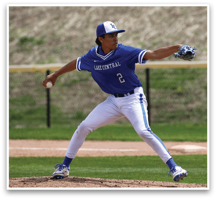 A baseball player in a blue uniform is pitching a ball on a field. AI generated content