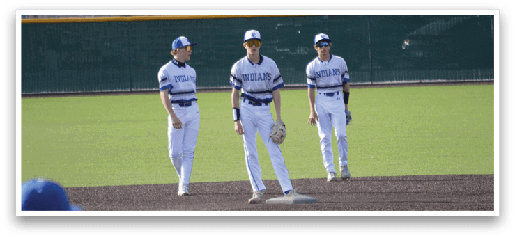 Three baseball players standing on a field, one of them holding a bat. AI generated content