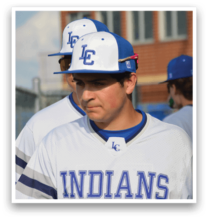 A baseball player wearing a blue and white hat with the letters LC on it. AI generated content