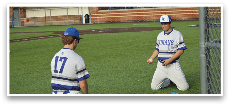 Two baseball players are on the field, one kneeling and the other squatting. The kneeling player is holding a baseball glove, and the other player is holding a baseball. AI generated content