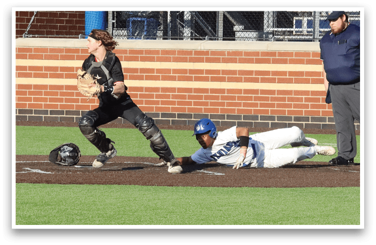 A baseball player slides into home plate, while the catcher and umpire watch. AI generated content