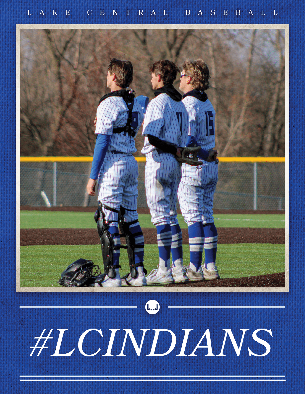 Three baseball players wearing blue and white uniforms stand on a field. AI generated content