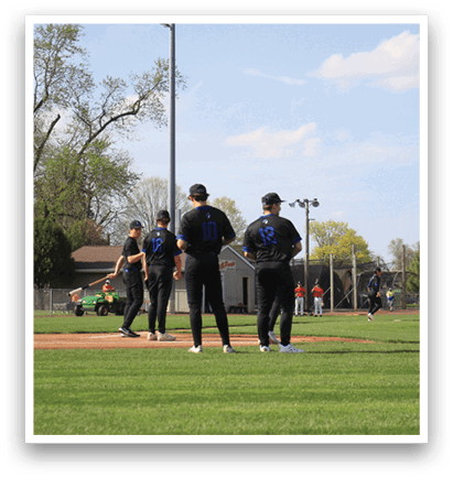 A group of baseball players standing on a field, with one player wearing a blue shirt. AI generated content