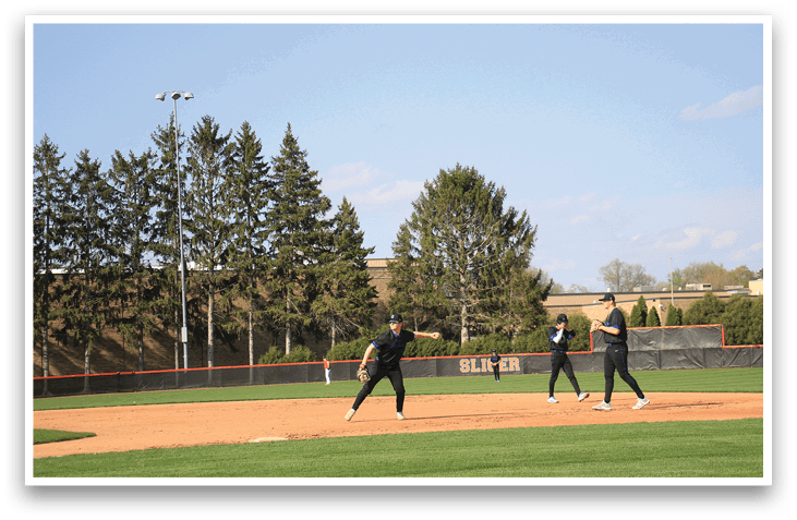 Three people are playing baseball on a field. One person is holding a baseball bat, another person is holding a baseball glove, and the third person is standing in the background. AI generated content