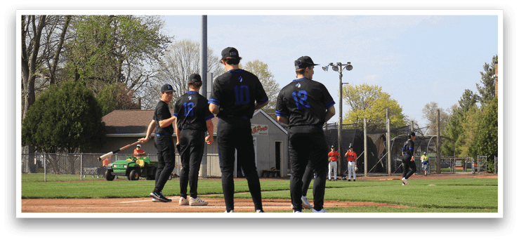 A group of baseball players standing on a field, with one player wearing a blue shirt. AI generated content