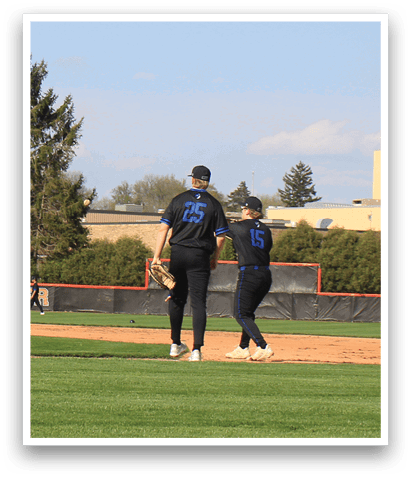 A baseball game is taking place on a field with three players. One player is holding a baseball bat, another is wearing a baseball glove, and the third is standing in the outfield. The players are positioned in the grassy area of the field, ready for the next play. AI generated content